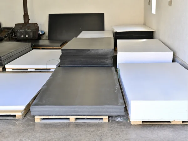 PVC drywall materials stacked on pallettes